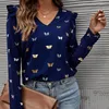 Women's Blouses Spring Autumn Deals Women Long Sleeve Tops Lady Fashion Slim Pullover Shirts Elegant V-neck Butterfly Pattern Chiffon Blouse