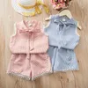 Sets de ropa Conjunto de atuendos para niñas 2022 Summer Rosa a cuadros Rosa Top de mangas y pantalones pantalones cortos para niños cortos para niños pequeños