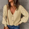 Women's Knits Women's Fashion V-neck Single Breasted Ladies Cardigan Elegant Solid Rhombus Puff Sleeve Knitted Jacket Autumn Sweater