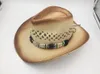 Basker sommarm￤n handmake raffia ih￥lig cowboy hatt med punk rep kvinnor v￤stra brett curling gr￤l m￶ssa solskydd unisex hattar