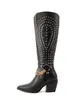 2022 Lady Leather Martin Boots 5cm Square Chunky Heels Knight Rivets 체인 패턴 여성 무릎 높이 부츠 약탈 발가락 긴 무릎 웨딩 신발 지퍼 지퍼 크기 35-43