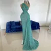 ジェイドブルービーズのウエディングドレス片側マーメイドカクテルパーティースパンコール鍵穴スタイルアベンドクレイダーイブニングドレス