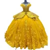 Charmante kralen Bright Gold Quinceanera Jurken Tier Taille Junior Girls Birthday Party Jurken 3D Flower Lace Appliques Asseplioose Cinderella Vestido de 15 Anos