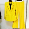 Women's Two Piece Pants Office Ladies Pantsuit Women Yellow Purple Business Classic Single Buttons Flared Blazer Set Formal Suit