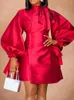 Casual Dresses Red Women Party Dress Elegant Summer Fit och Flare Lantern Sleeve Mini Robes Femmes Solid Bow Going Out Sashes Event Big Size