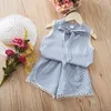 Sets de ropa Conjunto de atuendos para niñas 2022 Summer Rosa a cuadros Rosa Top de mangas y pantalones pantalones cortos para niños cortos para niños pequeños