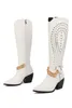 2022 Lady Leather Martin Boots 5cm Square Chunky Heels Knight Rivets 체인 패턴 여성 무릎 높이 부츠 약탈 발가락 긴 무릎 웨딩 신발 지퍼 지퍼 크기 35-43