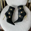 Roni Button-Detail Suede Ankle Boots Zip Point Toe Stiletto Fashion Short Booties Metal Round Buttons High Heel Boot Luxury Designers Shoe Women Factory Factorwear