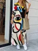 Casual Kleider Frühling Sommer Drucken Lose Lange Kleid Frauen Taste Patchwork Streetwear Femme Vintage V-ausschnitt Hülse Maxi