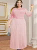 Plus size jurken kanten jurk vrouwen elegant roze korte mouw maxi gewaad vrouwen rits taille riem Afrikaans verjaardagsfeestje prom zomer 2022