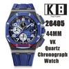K8 Watches 26405 44mm VK Quartz Chronograph Mens Watch Blue Bezel Smoked Blue Dial Rubber Strap Gents armbandsur