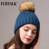 Beanie/Skull Caps Furtalk Beanie Hat Winter Hats For Women Sticked Pom Hat Fleece Fodrade mjuka varma kvinnliga vintermössa Skallies Black Grey T221020