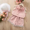 Sets de ropa Conjunto de atuendos para niñas 2022 Summer Rosa a cuadros Rosa Top de mangas y pantalones pantalones cortos para niños cortos para niños pequeños