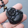 Anhänger Halsketten Tropfen Natürliche Obsidian Halskette Feines Schwarzes Lächeln Maitreya Buddha Für Frau Männer Vintage Kostenlose Kette