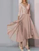 M￣e curta simples do vestido da noiva 2023 Uva elegante e decote em V comprimento de ch￡ de chiffon cetim meia manga de noiva Vestido de festa