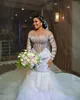 2023 Mermaid Dresses Dresses Bridal Scoop Neck Ruffles Sweep Train Train Long Sleeves Crystals Crateged Custom Made Beach Country بالإضافة إلى حجم Vestido de Novia