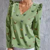 Kadın bluzları bahar sonbahar anlaşmaları kadınlar uzun kollu üstler bayan moda ince kazak gömlekleri zarif v yaka kelebek desen şifon bluz