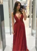 Casual jurken 2022 Vrouw A-lijn spaghetti-riemen Prom rode paillettenjurk Sparkly Split terug SEXY PARTY Graduations