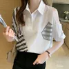 Women's Blouses Off Shoulder Silk Shirts Women Satin Shirt For Short Sleeve White Office Lady Blouse Tops Basic