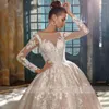 Suknia ślubna Wykonane białe sukienki z długim rękawem aplikacje z koralikami koronkową księżniczkę katedra panny młodej sukienki vestido de novia