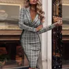 Casual jurken v nek femme 2022 print lange mouw jurk vrouwen plaid patchwork knop schede herfst kantoor kantoorkleding mode slank