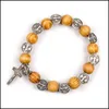 Brazalete Brazalete Komi Madera Sólida Natural Alambre Elástico Aleación Santo Rosario Religioso Pulsera Hombres Mujeres Católico Jesucristo Joyería Pse Dh2T6