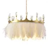 Pendant Lamps Design Modern White Feather Light Gold Crown Girls Room Hanging Lamp With Crystal Decor For Bedroom El Decoration