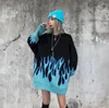 남자 스웨터 니트 블루 불꽃 스웨터 온화한 일본 두꺼운 가을과 겨울 2022 인쇄 남성 여성 힙합 느슨한 커플 복장