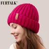 Beanie/Kafatası Kapakları Furtalk Kış Şapkası Kadınlar İçin Beanie Şapka Polar Astar Erkekleri ile Lady Örme Kış Kapağı Kadın Kız Kırmızı Siyah Beyaz Pembe Gri T221020