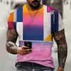 Camisetas masculinas com combinação de letras e listras, casual, manga curta, moda, 3D, decote redondo, textura simples, roupas de rua