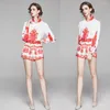 Kvinnors sp￥rningsdr￤kter 2022 Autumn Two Piece Set Women Vintage Printed Lantern Sleeve Blus Tops and Woman Shorts Fashion 2 Drop