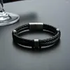 Charm Bracelets 2022 Punk Bracelet Hand Weave Black Leather Stainless Steel Magnetic Bangles Men's Friendship Gift