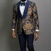 Męskie garnitury granatowy kwiatowy Jacquard Mężczyźni na ślub 3 -częściowy Slim Fit Groom Tuxedo African Męski kostiumy mody piecze