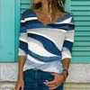 Magliette da donna Moda donna Stampa geometrica allentata Camicia a maniche lunghe con collo in pizzo Maglietta da baseball tinta unita da donna