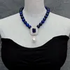 Choker Y.YING Blue Tiger Eye Necklace Cubic Zirconia Pave White Shell Pearl Pendant For Women
