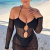 Abiti casual BKLD Abiti da vacanza sexy Sheer Mesh Halter Lungo aderente per le donne 2022 Summer Bikini Cover Up Abito da spiaggia con guanti