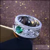 Anneaux de mariage Anneaux de mariage évider fleur pierre verte pour femmes zircon cubique large doigt bague de fiançailles femme Vintage bijoux Dhgb1