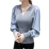 Women's Blouses Long Puff Sleeve Elegant Women Slim V Neck Womens Sexy Tops Patchwork Fit Blouse Autumn Spring 2022 Shirt ZY5485