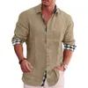Новые мужские повседневные блузки из хлопка и льна, рубашки с отложным воротником, клетчатые футболки, оригинальные дизайнерские рубашки, топы, футболка с длинным рукавом, весна-осень 3292926