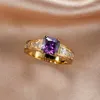 Wedding Rings Charm Female Purple Square Crystal Stone Ring Yellow Gold Color For Women Promise Love Engagement