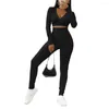 Women's Two Piece Pants 1 Set Crop Top Solid Color V Neck Women Long Sleeve Sweatshirt Elastic Waist Sweatpants For Fitness Conjunto