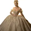 Vestido de novia de princesa de lujo, vestido de novia con hombros descubiertos, manga larga de cristal, Arabia Saudita, apliques florales en 3D, vestidos de novia de rob