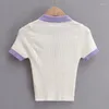 Pulls pour femmes Femmes Contraste Cou et manchette Bouton partiel Patte de tricot Lounge Polo Top Tricoté Fit Crop T-shirt