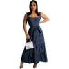 カジュアルドレスS-2XL夏の女性のデニムサスペンダーブルーバックレスパッチワークプリーツエレガントな長いドレスWOLESSALEドロップ