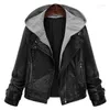 Kvinnor l￤der kvinnor h￶sten vinter huva faux jacka smal modemotorcykel hatt avtagbar plus storlek 5xl casual pu coat