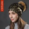 Beanie / Skull Caps CNTANG 2021 Moda donna Bronzing Cappelli di lana lavorati a maglia Inverno Doppio strato Cappellini caldi Berretti con pompon Cappello di pelliccia reale per donna T221020