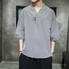 Roupas étnicas verão preto chinês top kimono algodão linho camiseta homem estilo retro decote em v thirt thin tee kk2987