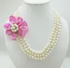 Choker 3 Rows 8-9MM Natural White Pearls Shell Flower Necklace 18-22 Inches