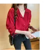 Women's Blouses Red Chiffon Shirt Women Summer Long Sleeve 2022 Design Niche Square Collar Professional V Neck Top