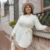 Plus size jurken simplee kantoor witte o-neck gebreide jurk vrouwen elegante sjerp mini vrouwelijke lange mouwen herfst trui vestidos